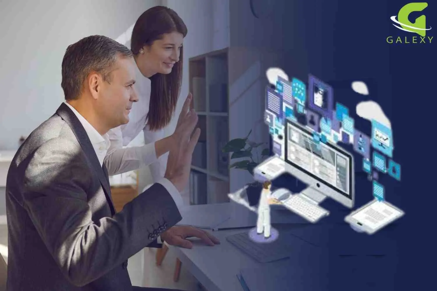 Web developer in thinking position with computer and coding gloves in front